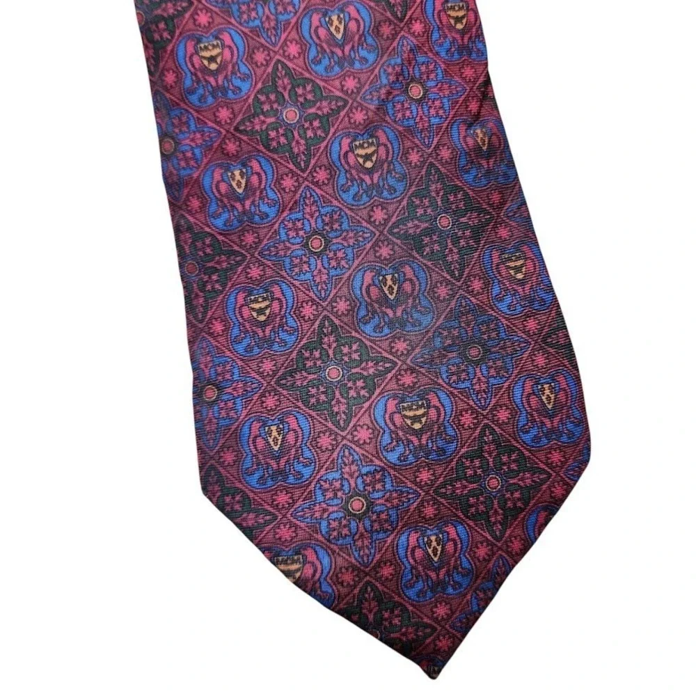 MCM‎ VINTAGE Silk Geometric Baroque floral bird print Tie